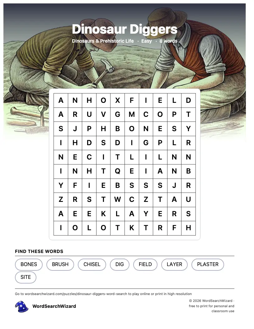 Dinosaur Diggers word search printable sheet, 8 words to find