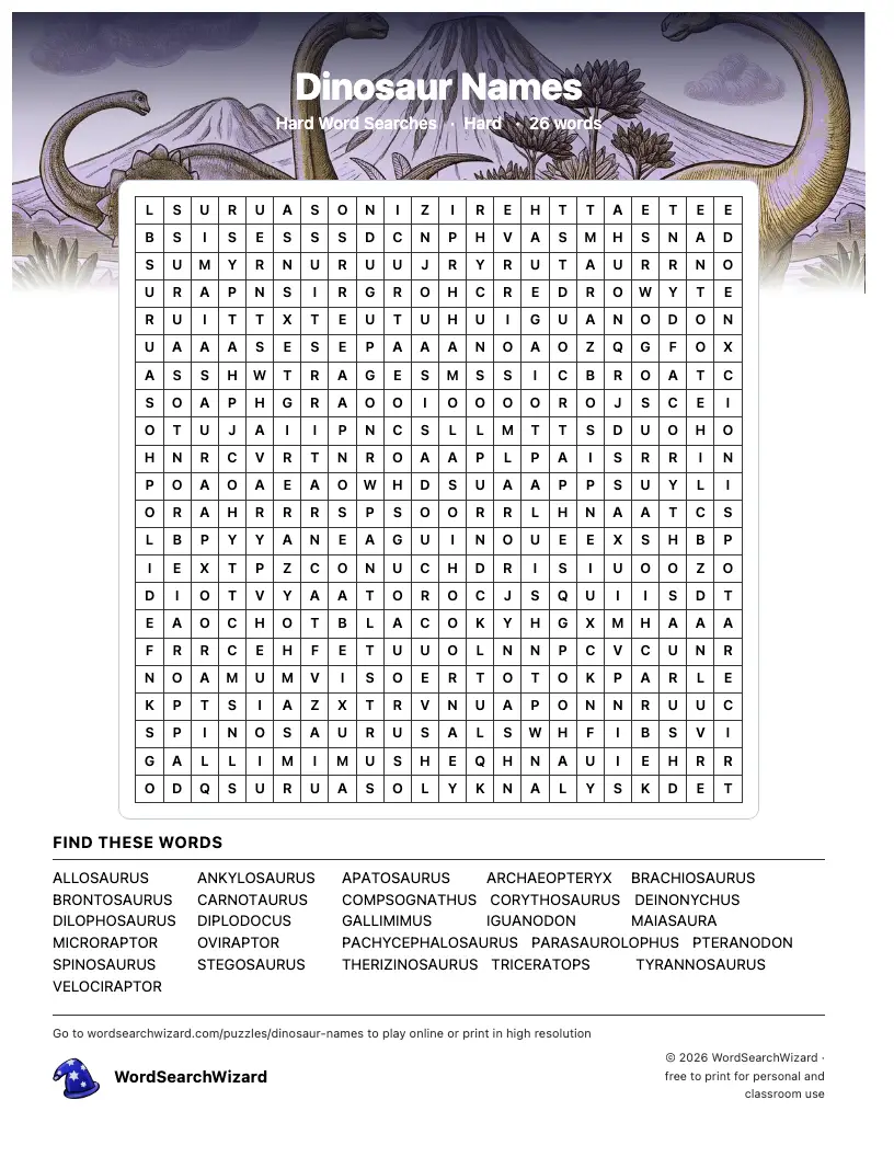 Dinosaur Names word search printable sheet, 26 words to find
