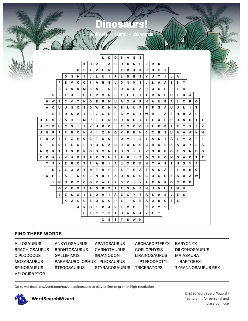 Dinosaurs! word search printable sheet, 26 words to find