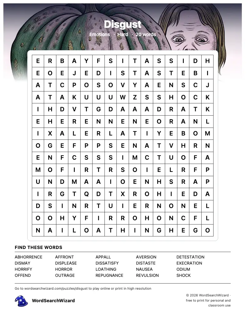 Disgust word search printable sheet, 20 words to find