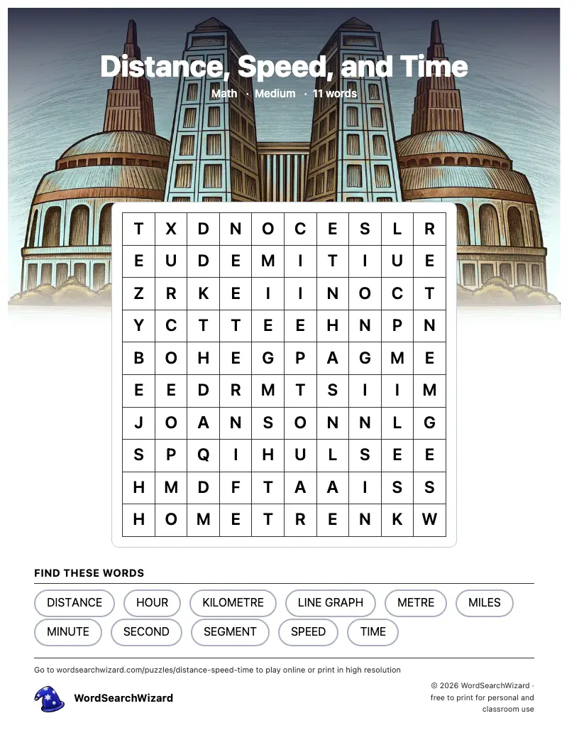 Distance, Speed, and Time word search printable sheet, 11 words to find