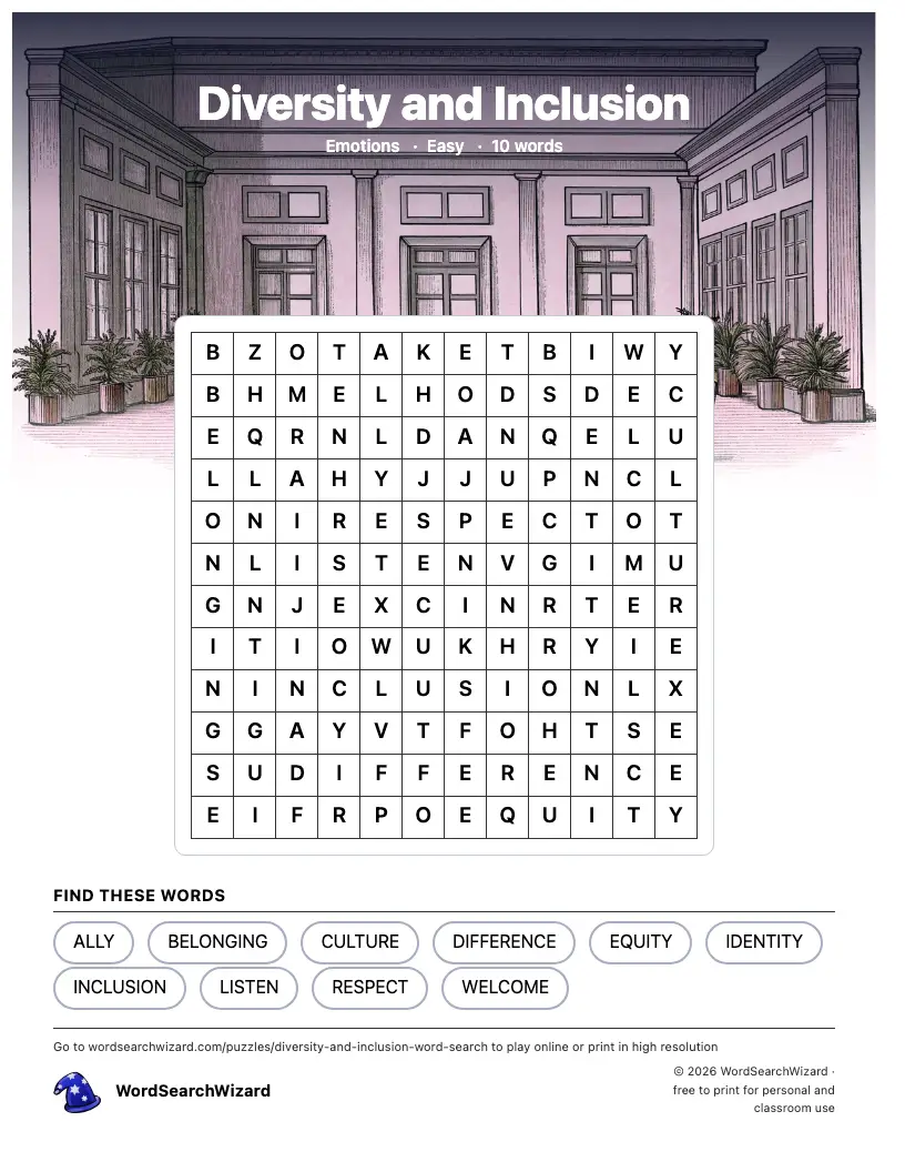 Diversity and Inclusion word search printable sheet, 10 words to find