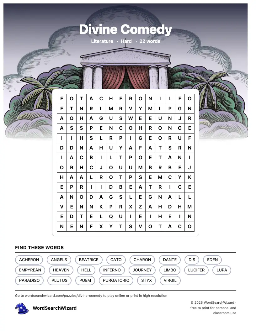 Divine Comedy word search printable sheet, 22 words to find