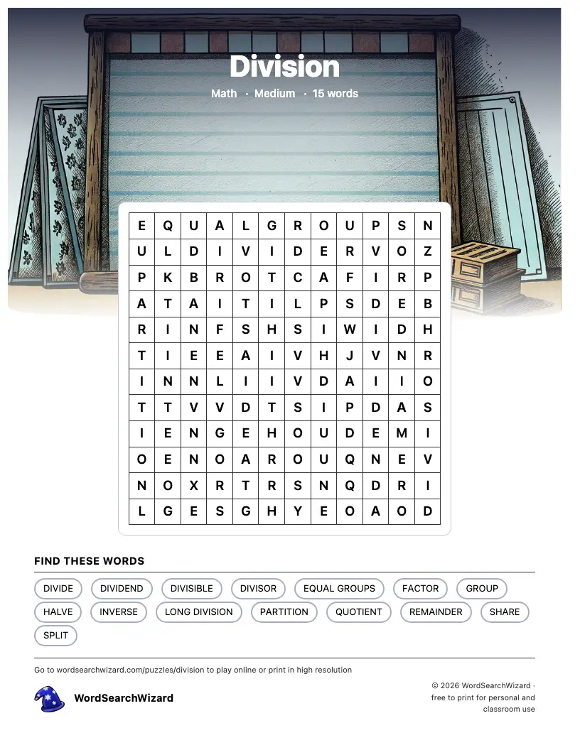 Division word search printable sheet, 15 words to find