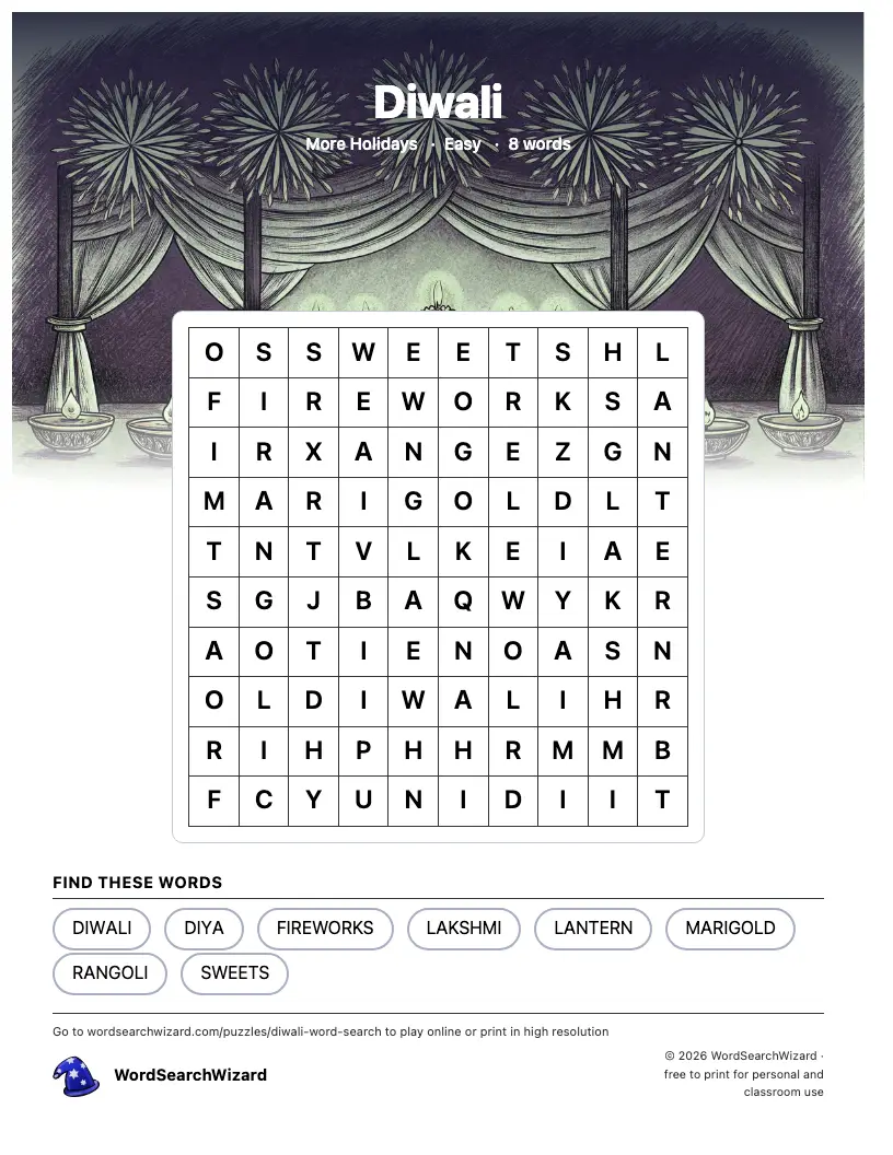Diwali word search printable sheet, 8 words to find