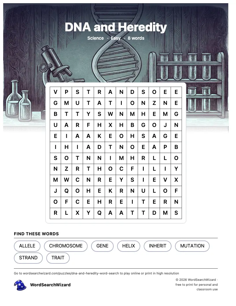 DNA and Heredity word search printable sheet, 8 words to find