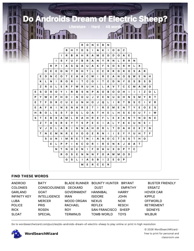 Do Androids Dream of Electric Sheep? word search printable sheet, 48 words to find