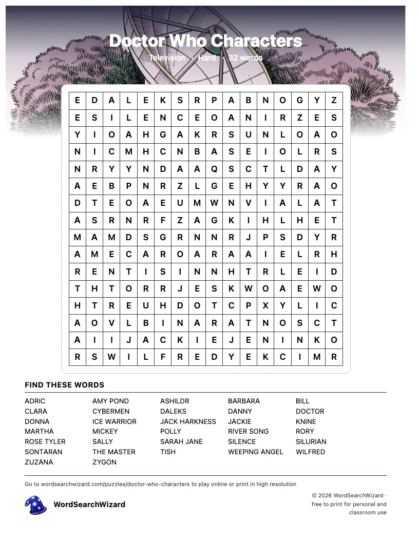 Doctor Who Characters word search printable sheet, 32 words to find