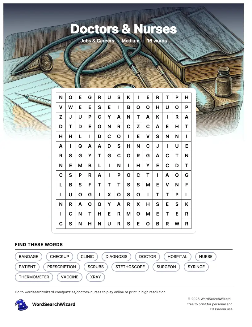 Doctors & Nurses word search printable sheet, 16 words to find