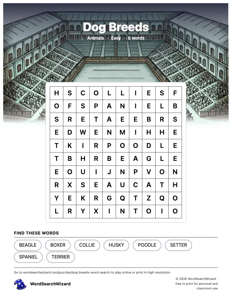 Dog Breeds word search printable sheet, 8 words to find