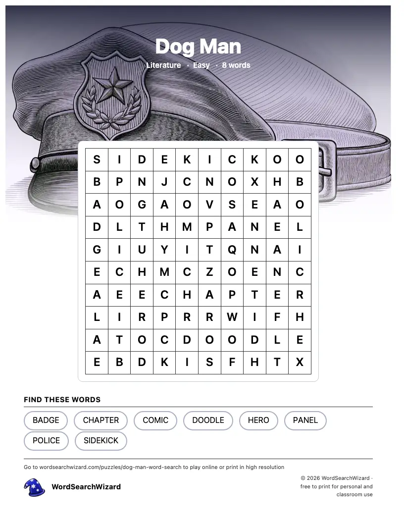 Dog Man word search printable sheet, 8 words to find