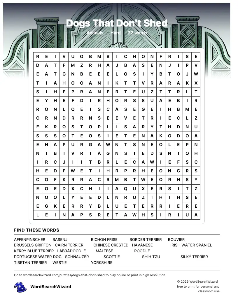 Dogs That Don't Shed word search printable sheet, 22 words to find