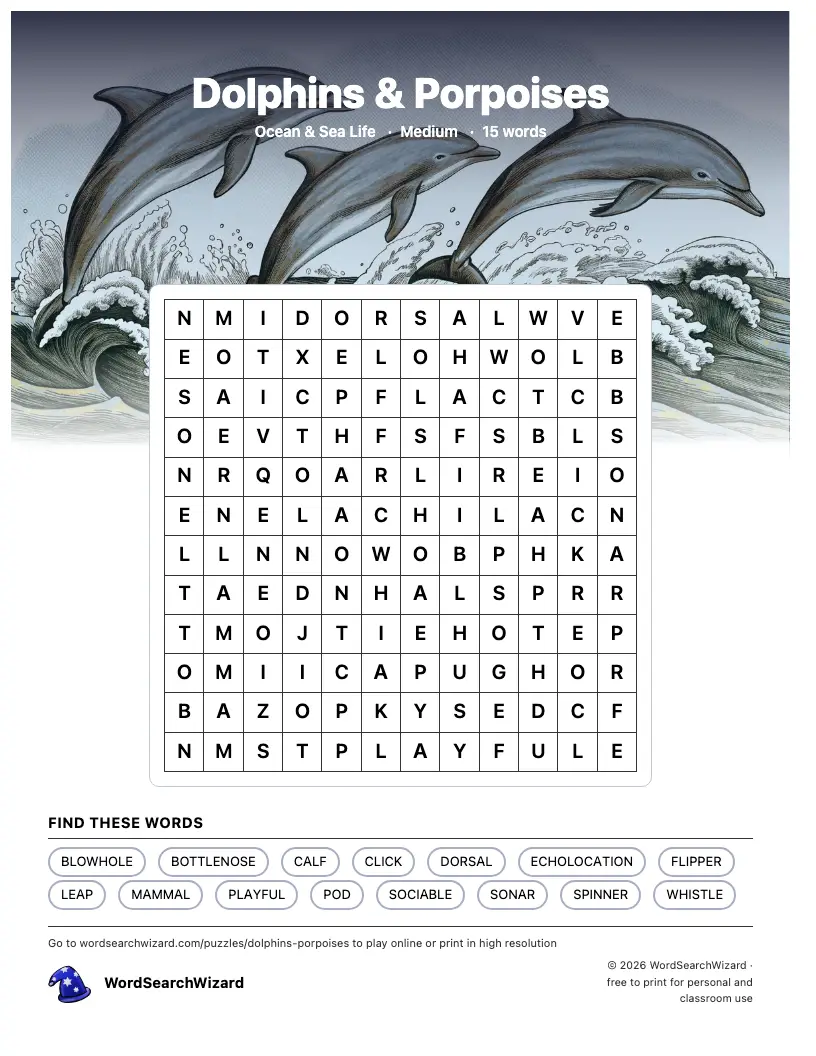 Dolphins & Porpoises word search printable sheet, 15 words to find