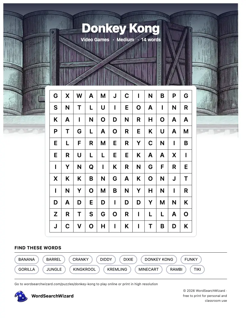 Donkey Kong word search printable sheet, 14 words to find