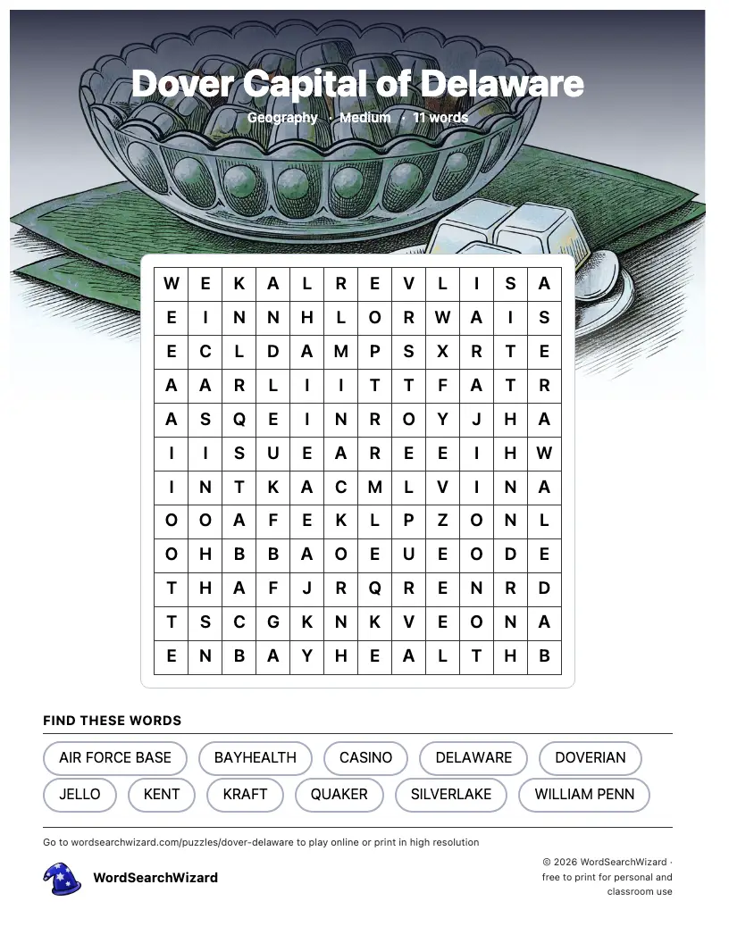 Dover Capital of Delaware word search printable sheet, 11 words to find
