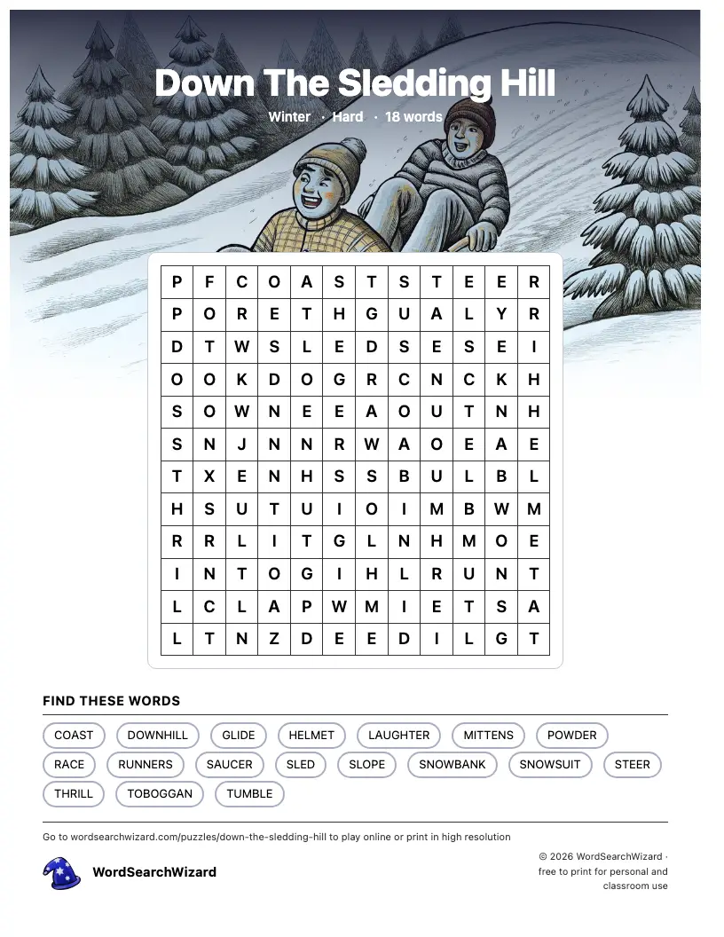 Down The Sledding Hill word search printable sheet, 18 words to find
