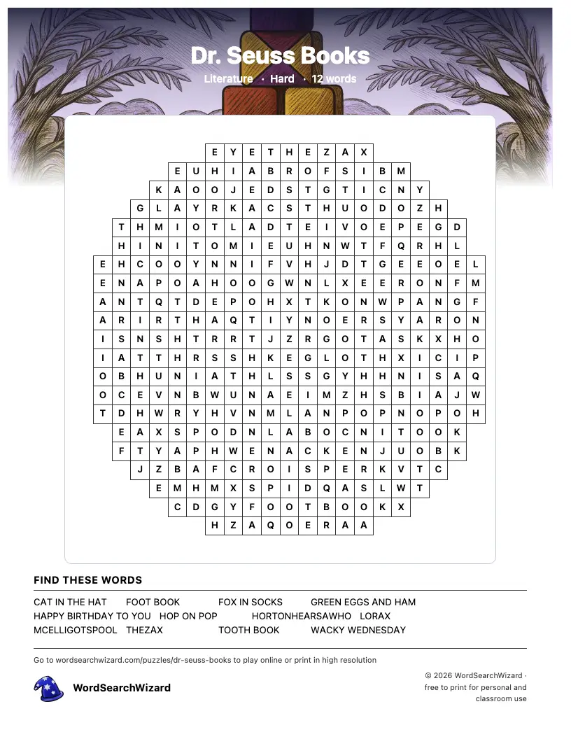 Dr. Seuss Books word search printable sheet, 12 words to find