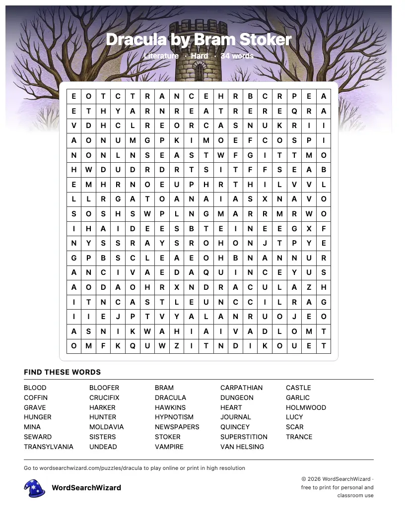 Dracula by Bram Stoker word search printable sheet, 34 words to find