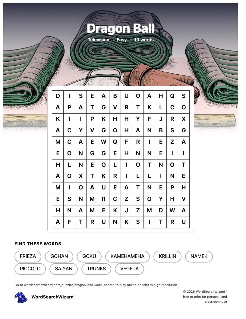 Dragon Ball word search printable sheet, 10 words to find