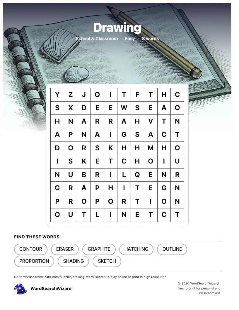Drawing word search printable sheet, 8 words to find