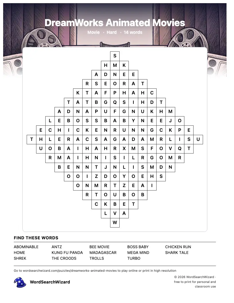 DreamWorks Animated Movies word search printable sheet, 14 words to find