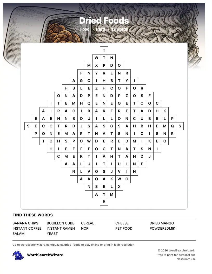 Dried Foods word search printable sheet, 12 words to find