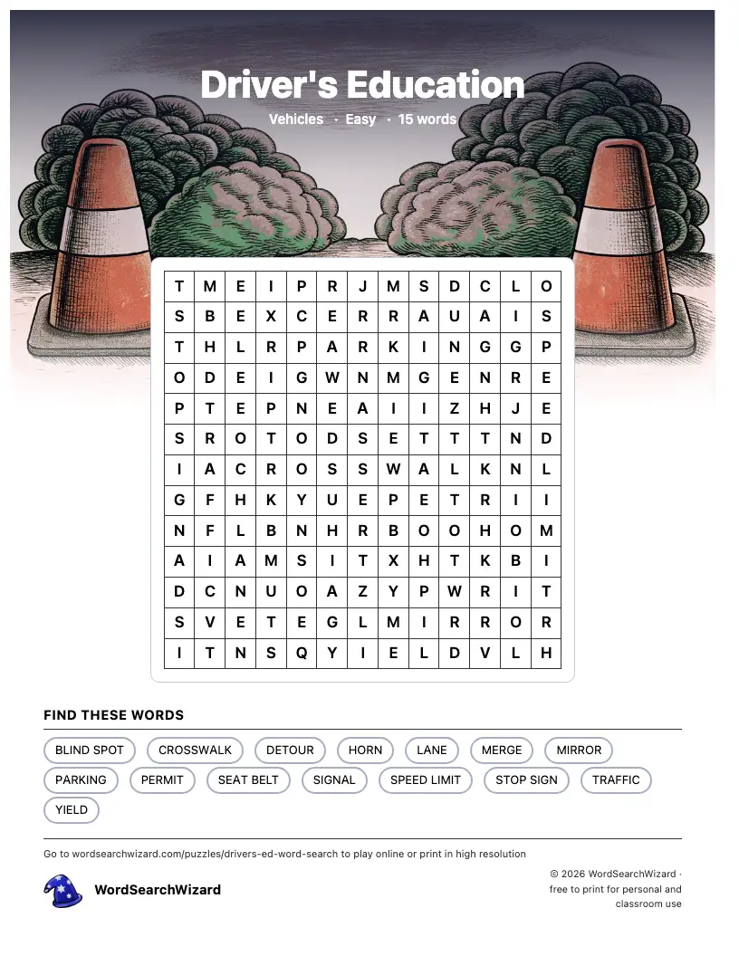Driver's Education word search printable sheet, 15 words to find