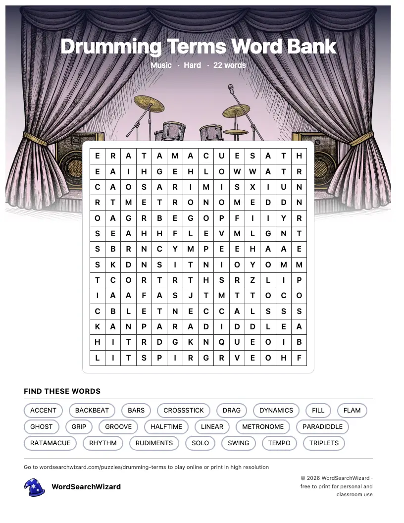 Drumming Terms Word Bank word search printable sheet, 22 words to find