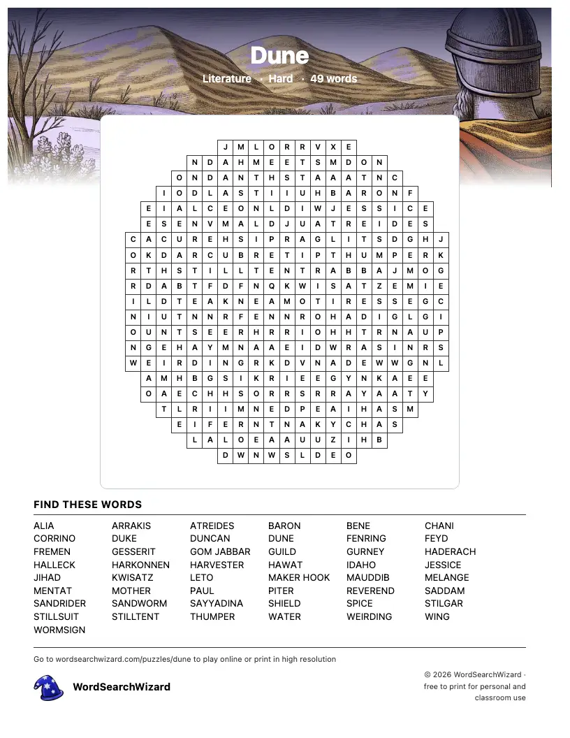 Dune word search printable sheet, 49 words to find