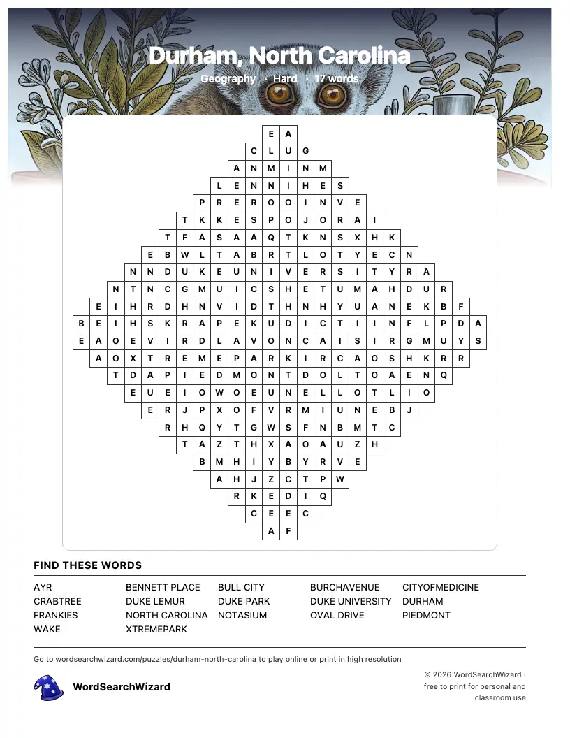 Durham, North Carolina word search printable sheet, 17 words to find
