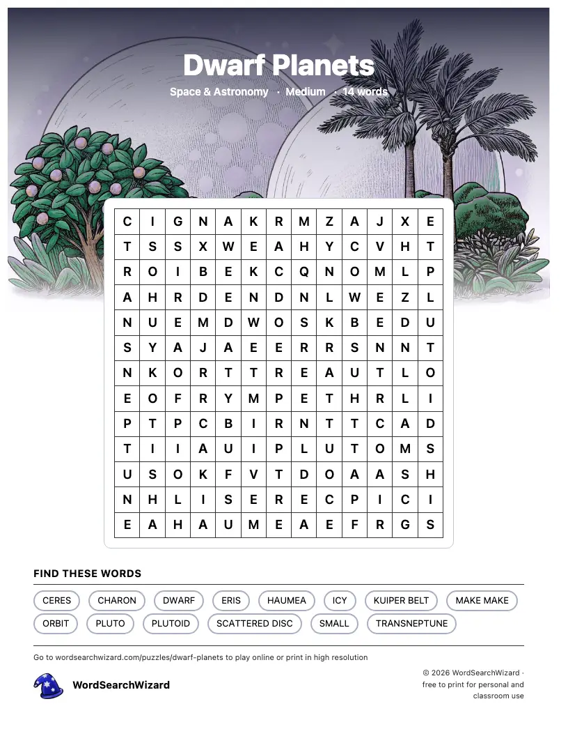 Dwarf Planets word search printable sheet, 14 words to find