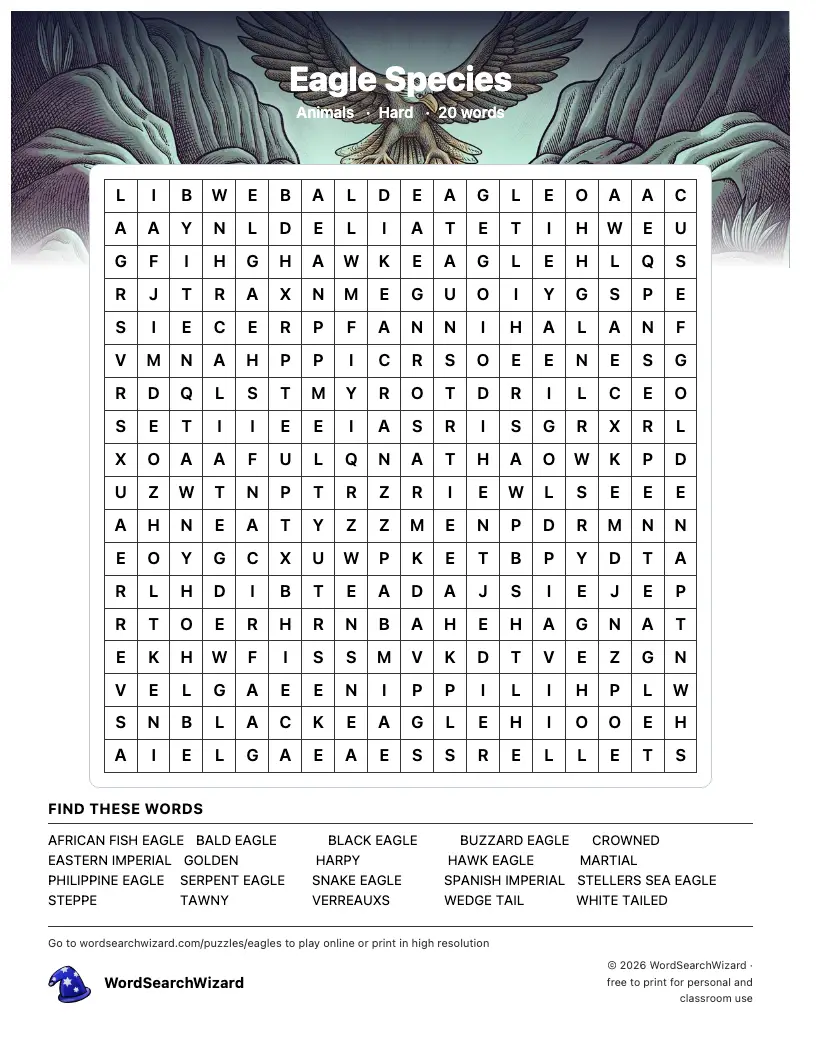 Eagle Species word search printable sheet, 20 words to find