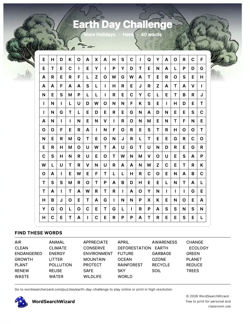 Earth Day Challenge word search printable sheet, 40 words to find
