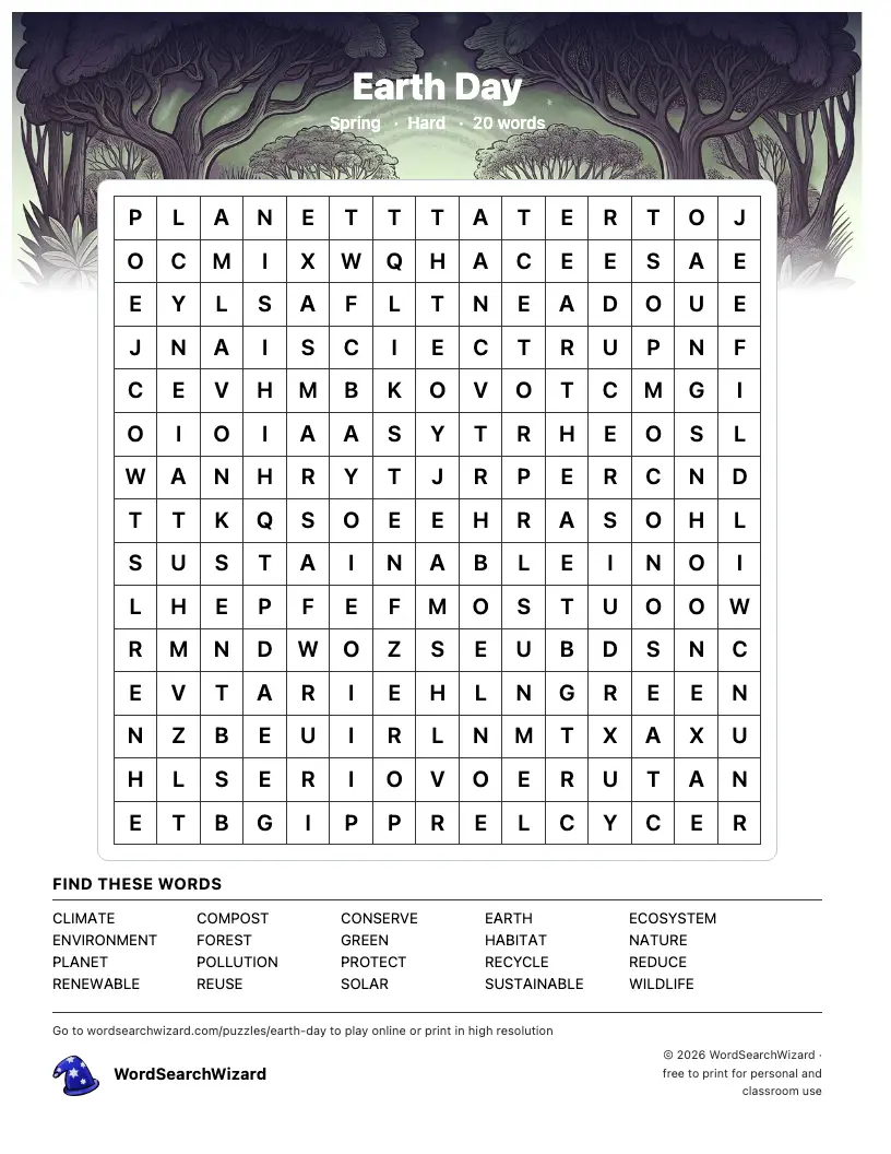 Earth Day word search printable sheet, 20 words to find