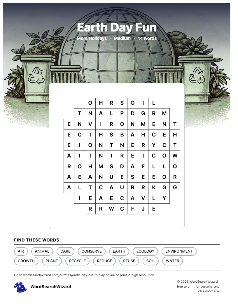 Earth Day Fun word search printable sheet, 14 words to find