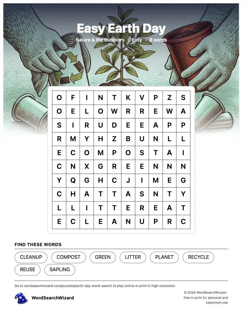 Easy Earth Day word search printable sheet, 8 words to find