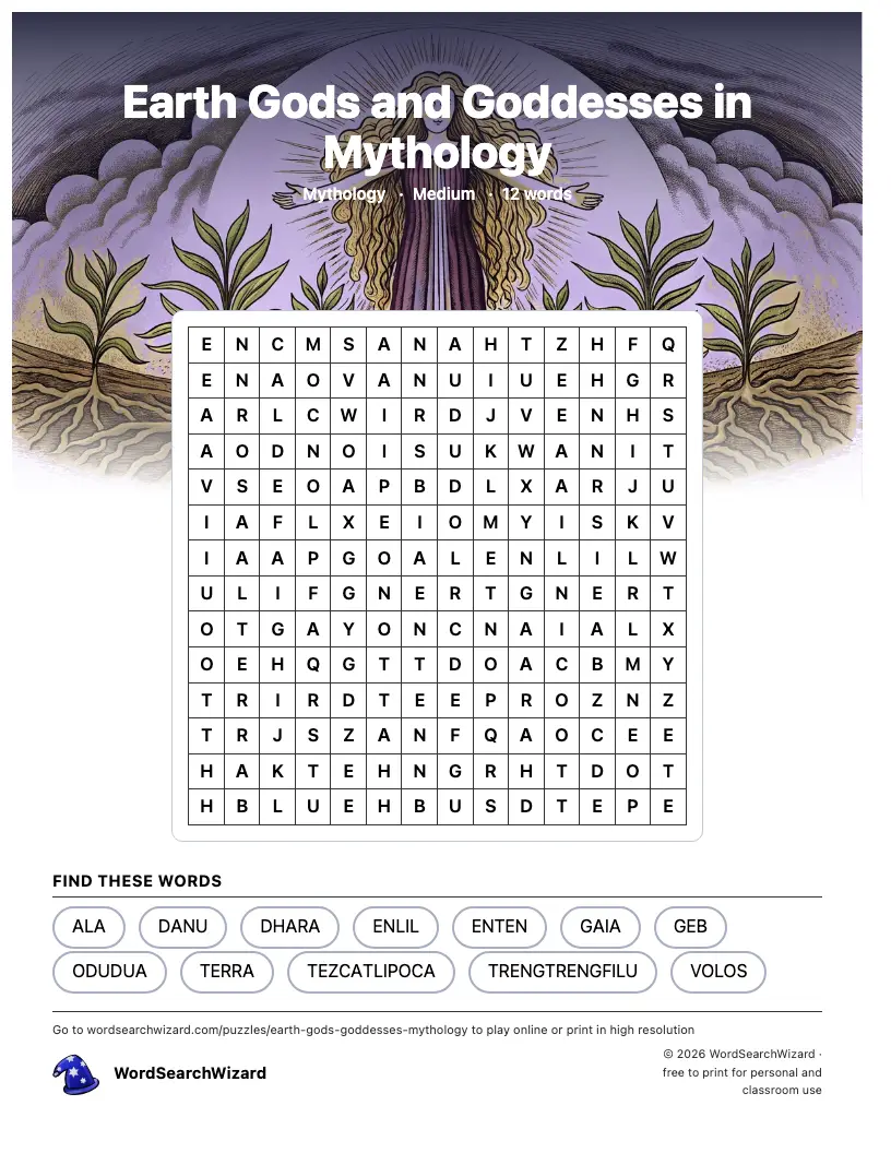Earth Gods and Goddesses in Mythology word search printable sheet, 12 words to find