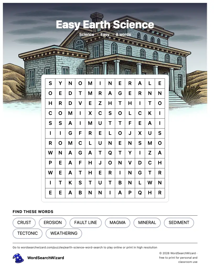 Easy Earth Science word search printable sheet, 8 words to find