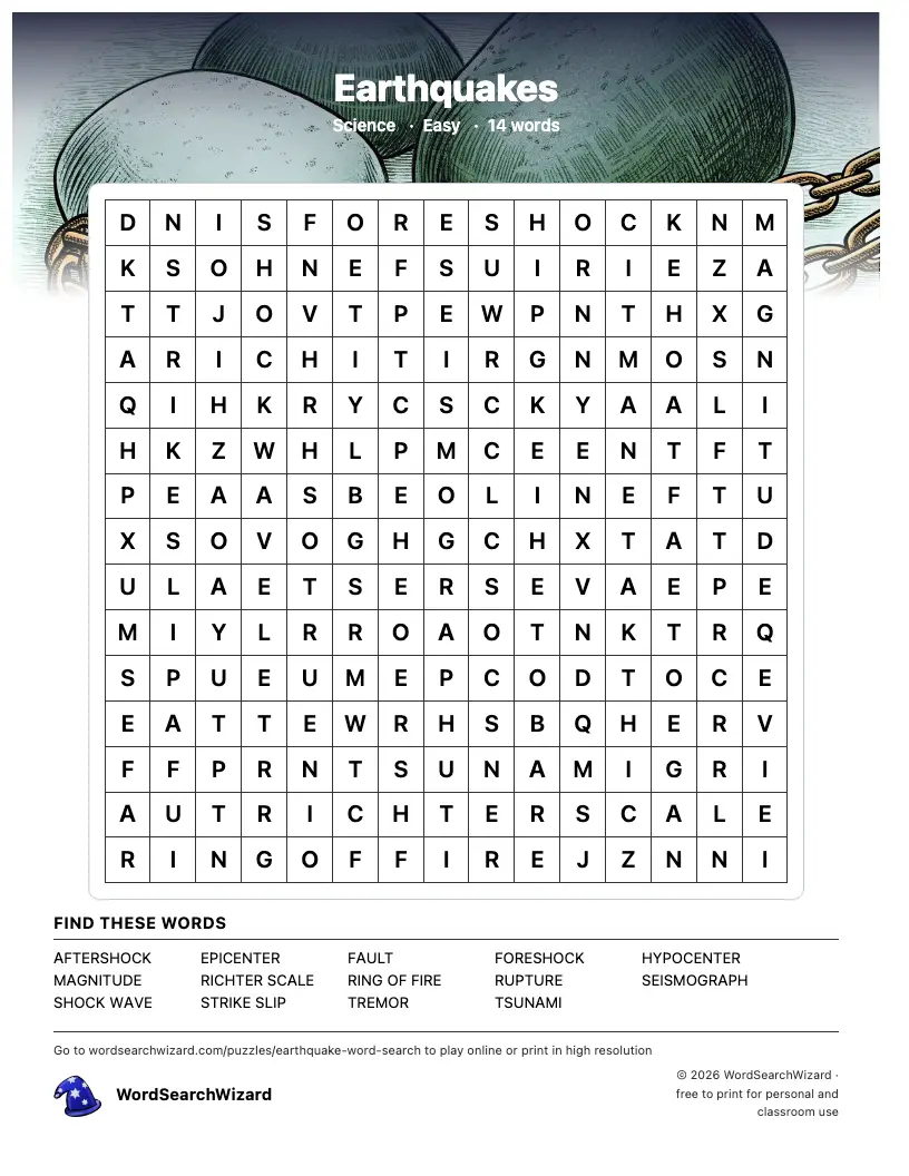 Earthquakes word search printable sheet, 14 words to find