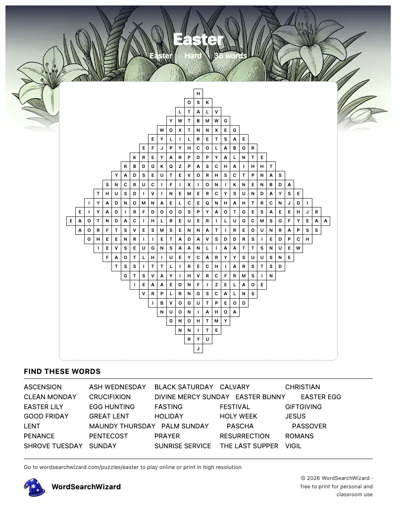 Easter word search printable sheet, 35 words to find