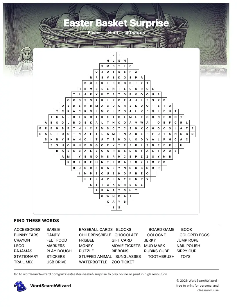 Easter Basket Surprise word search printable sheet, 40 words to find