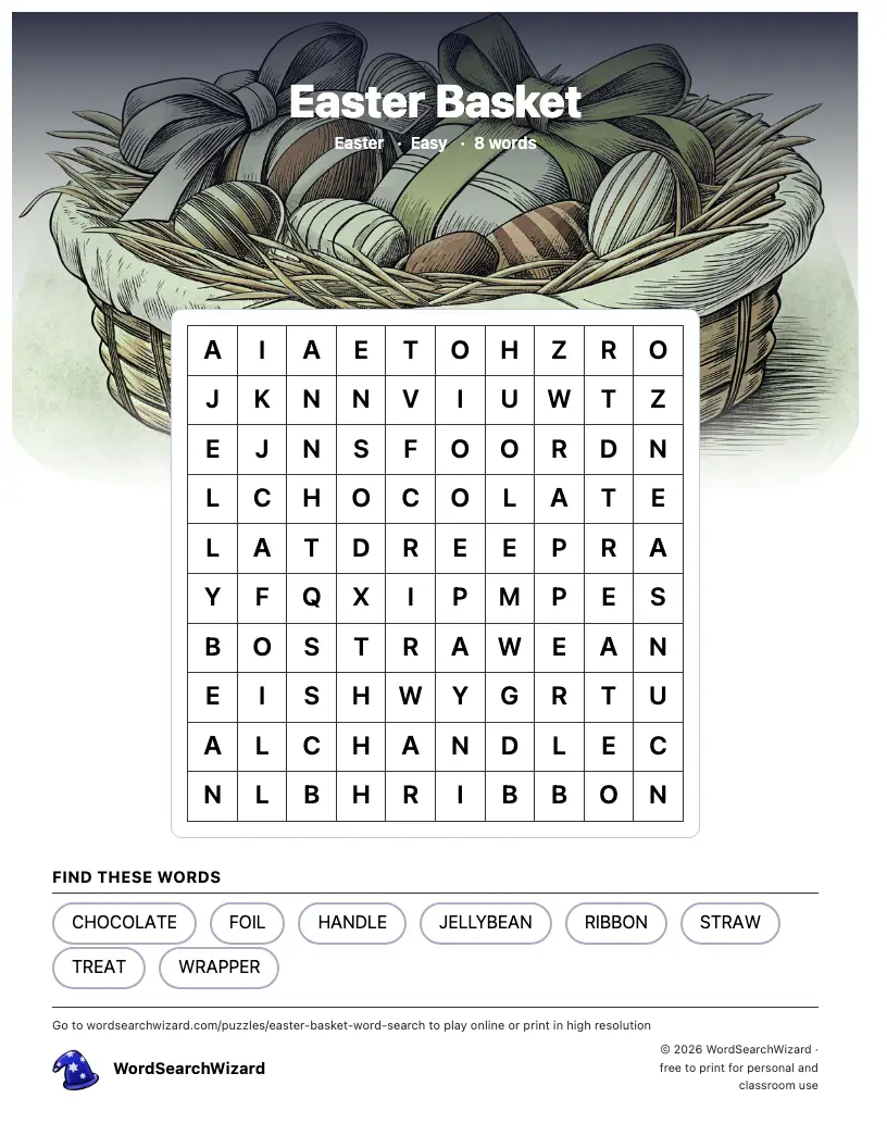 Easter Basket word search printable sheet, 8 words to find