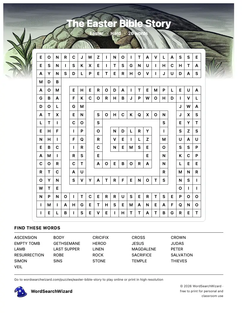 The Easter Bible Story word search printable sheet, 26 words to find