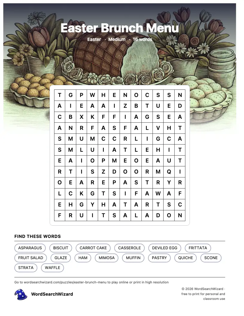 Easter Brunch Menu word search printable sheet, 16 words to find