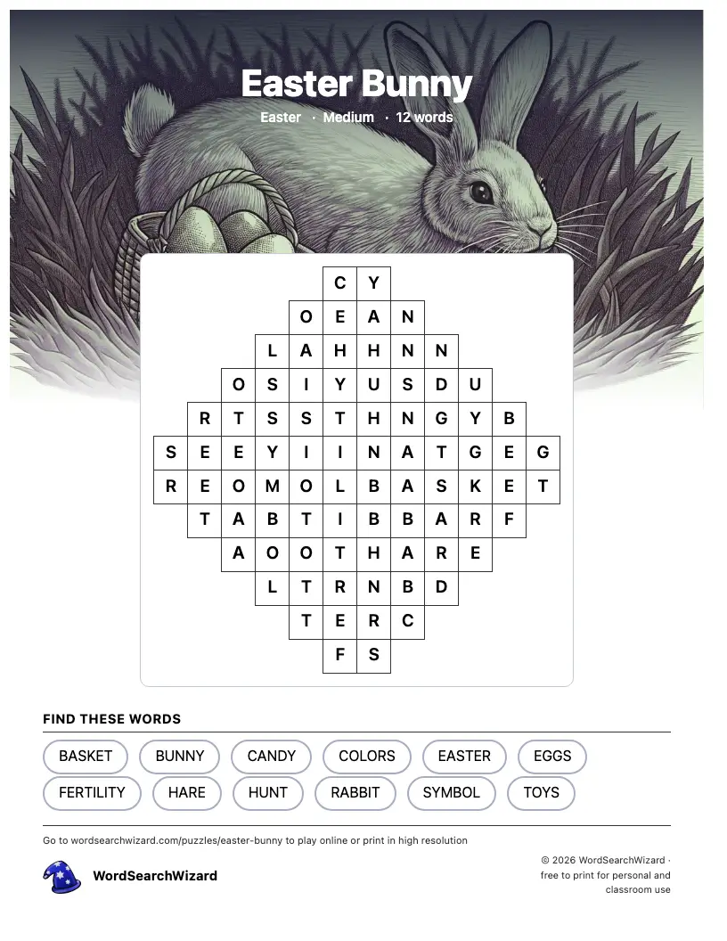 Easter Bunny word search printable sheet, 12 words to find