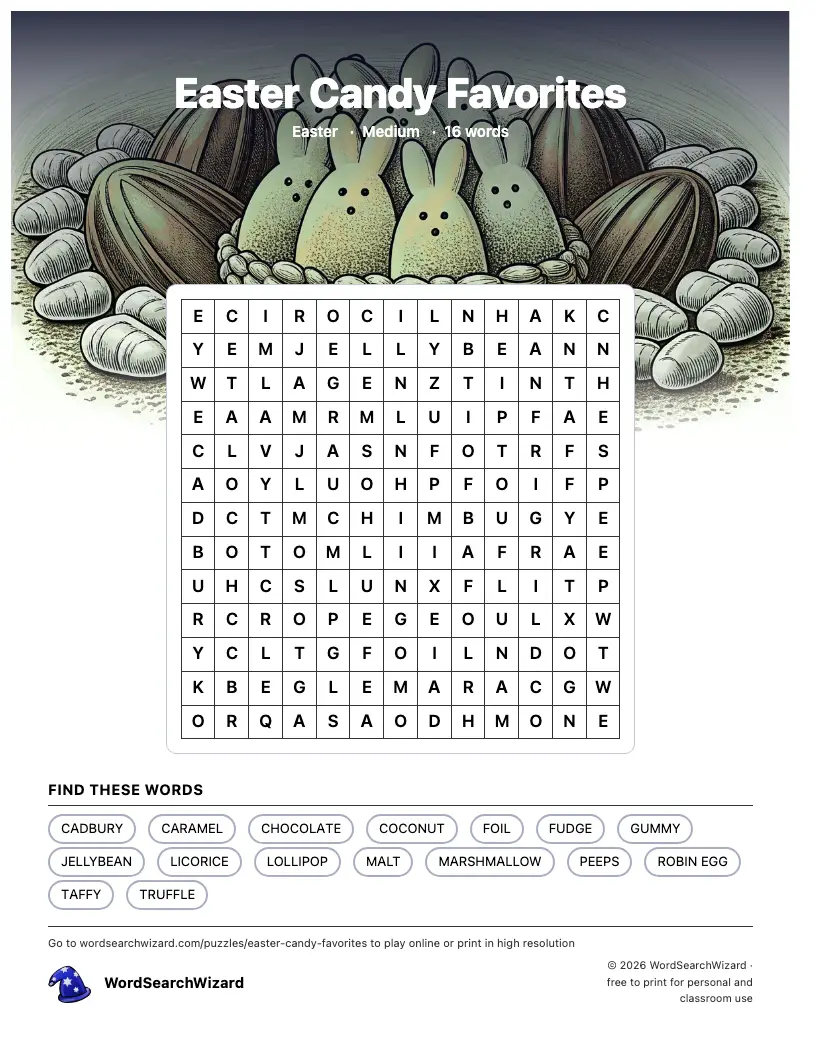 Easter Candy Favorites word search printable sheet, 16 words to find