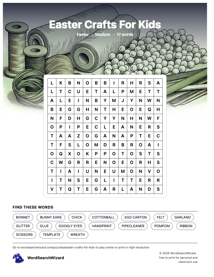 Easter Crafts For Kids word search printable sheet, 17 words to find