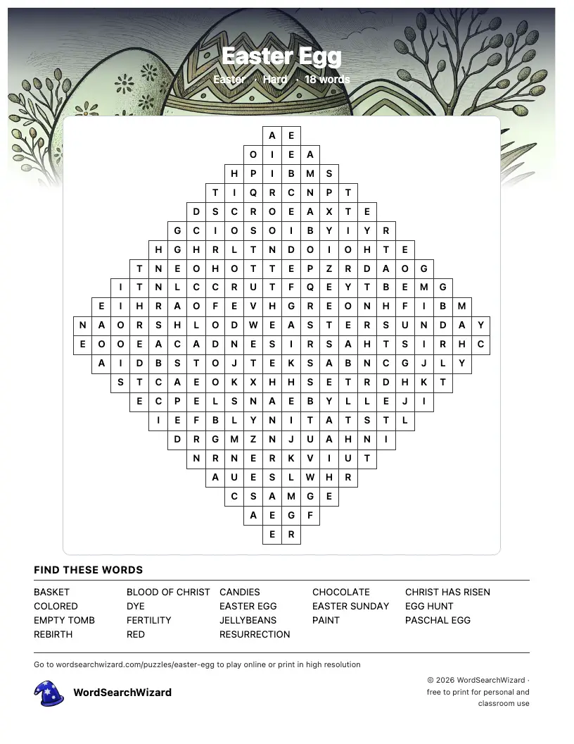 Easter Egg word search printable sheet, 18 words to find