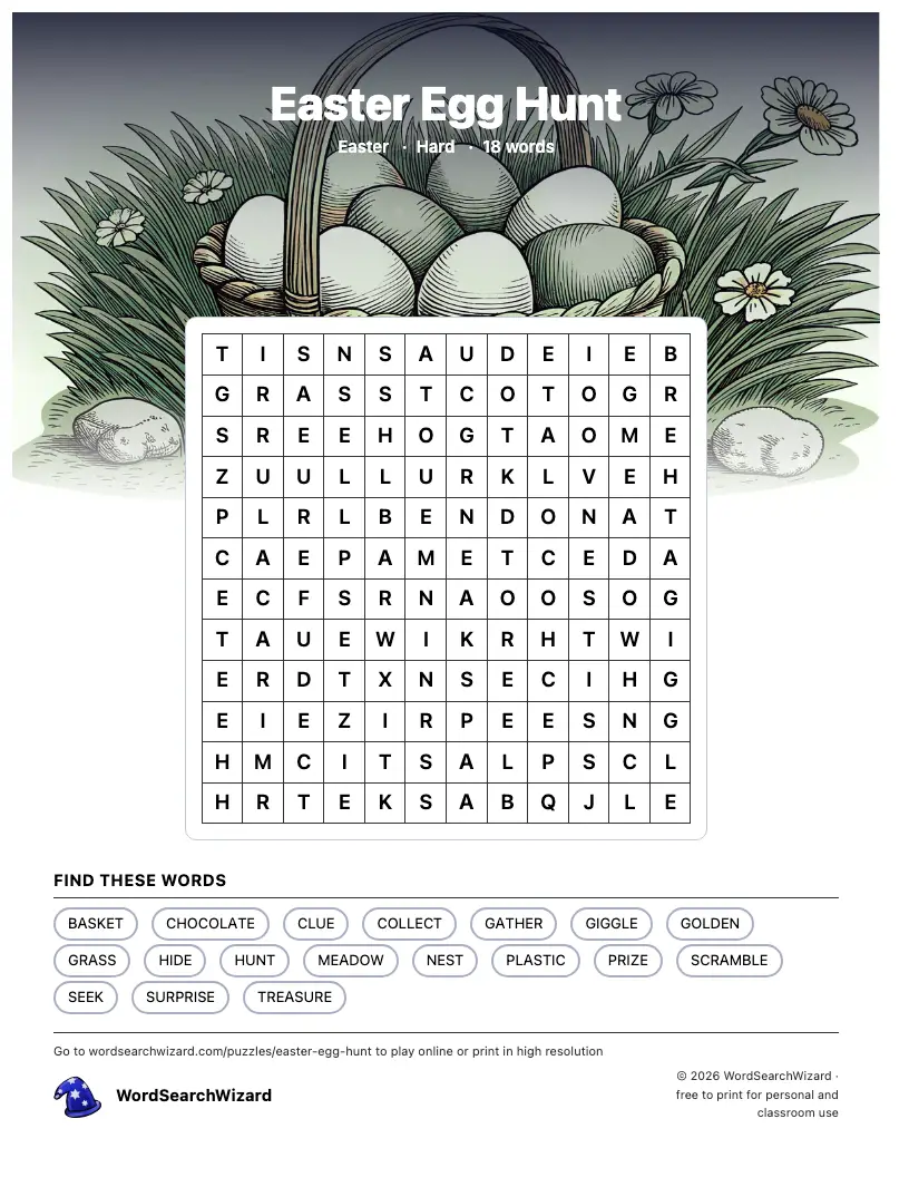 Easter Egg Hunt word search printable sheet, 18 words to find