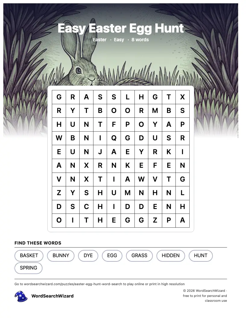 Easy Easter Egg Hunt word search printable sheet, 8 words to find
